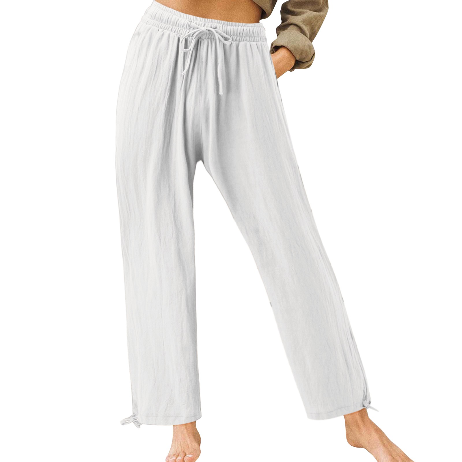 thumbnail image 3 of Pantalones holgados de algodón para mujer: pantalones de cintura alta con cordón, 90 % algodón/10 % poliéster, trabajo/ocio, todas las estaciones, 3 of 8